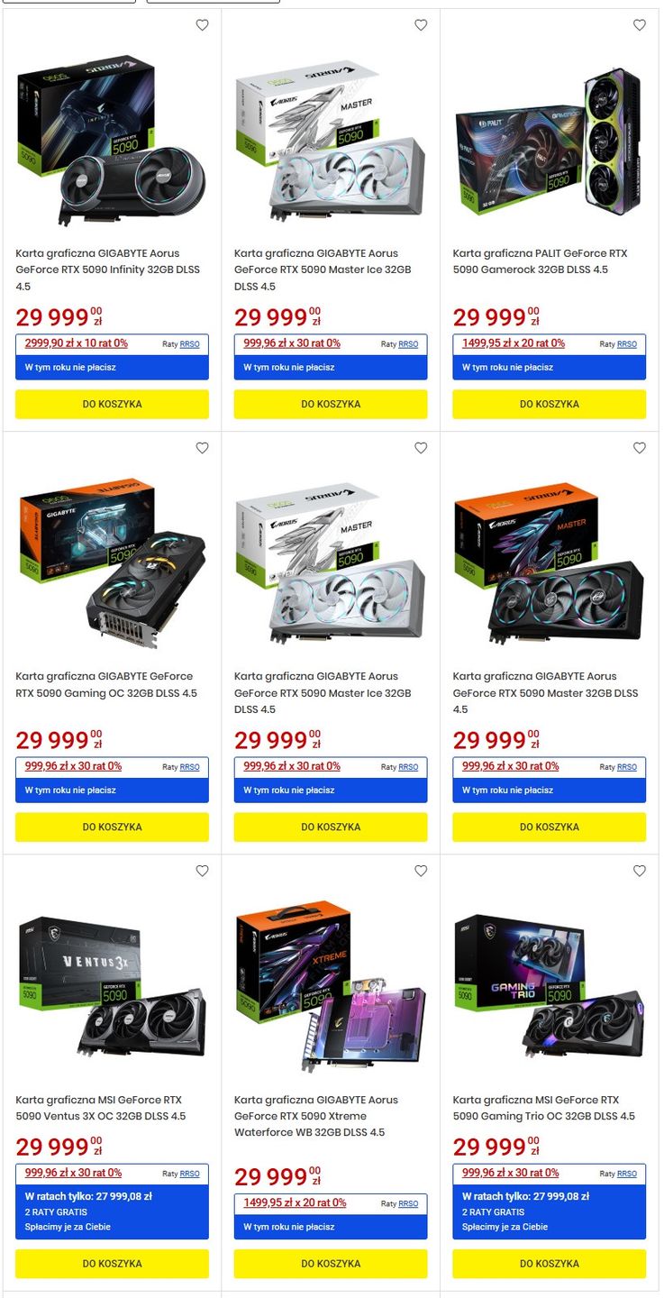 Ceny kart graficznych GeForce RTX 5090 w sklepach dochodzą do 30