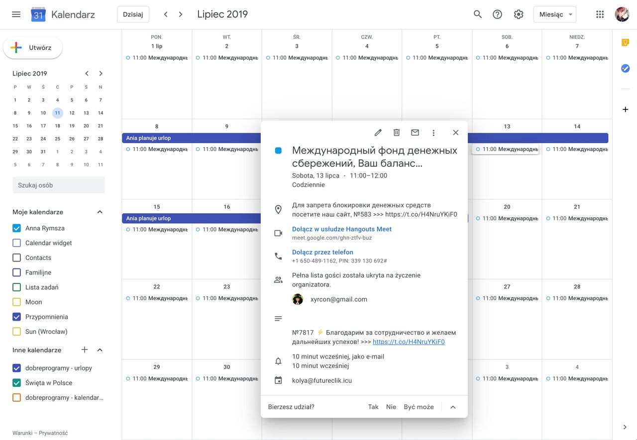 Widok mojego kalendarza Google