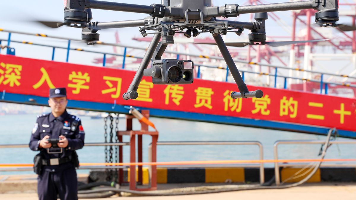 QINGDAO, CHINA - APRIL 15, 2025 - Police at a border inspection station use a police drone to conduct a sea patrol during the 2025 Sea, land and air joint law enforcement operation in Qingdao, Shandong province, China on April 15, 2025. (Photo credit should read CFOTO/Future Publishing via Getty Images)