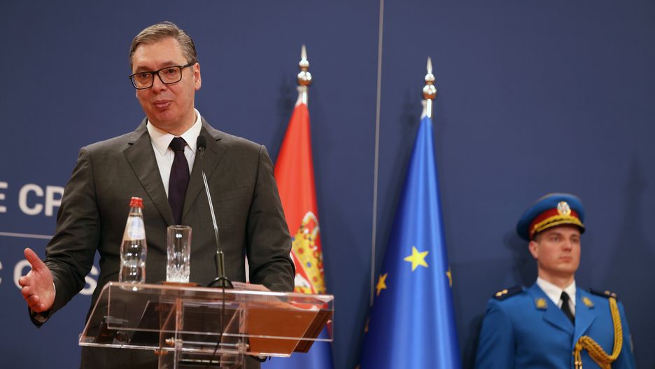 Serbian President Aleksandar Vucic addresses the media with Central African Republic (CAR) president after their meeting in Belgrade, Serbia, 29 February 2024. President Faustin-Archange Touadera is on an official state visit to Serbia. EPA/ANDREJ CUKIC Dostawca: PAP/EPA.