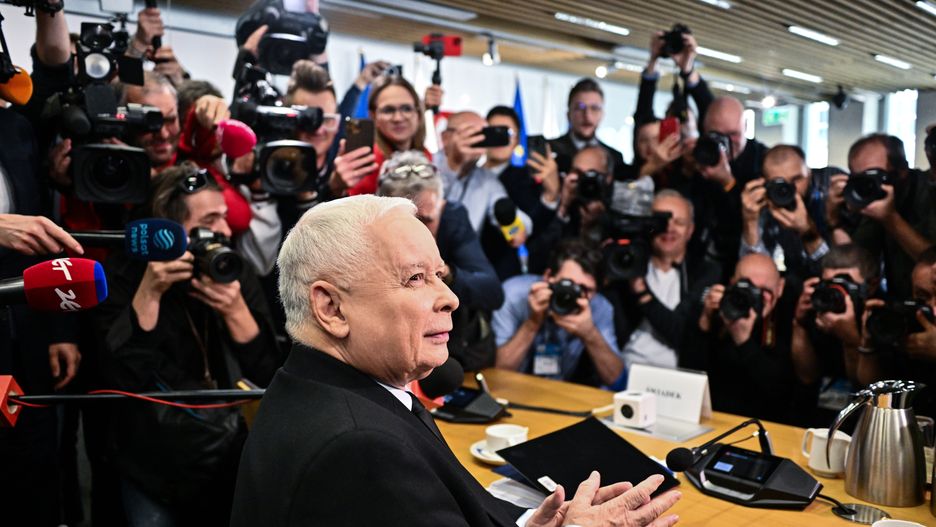 WARSAW, POLAND - MARCH 15: Jaroslaw Kaczynski, leader of the Law and Justice political party (PiS), speaks to a member of the press as he prepares to face questions by a government commission investigating PiS's use of the Pegasus spyware software on March 15, 2024 in Warsaw, Poland. Commission members are investigating whether PiS, during its role as the governing party in Poland until last year, used Pegasus to spy on political opponents, journalists and even members of its own party. (Photo by Omar Marques/Getty Images)