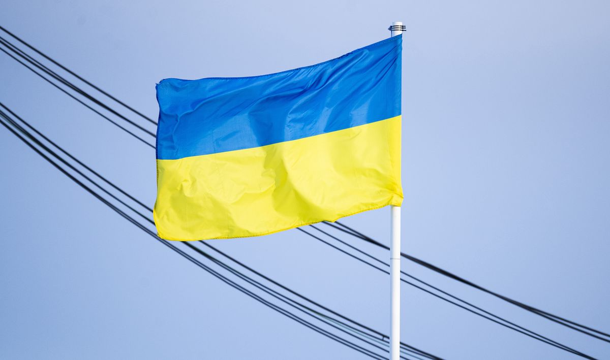 INVERNESS, SCOTLAND - MAY 10: A Ukraine flag during a cinch Premiership Play-off semi-final 1st leg between Inverness Caledonian Thistle and Arbroath at Caledonian Stadium, on May 10, 2022, in Inverness, Scotland.  (Photo by Ross MacDonald/SNS Group via Getty Images)