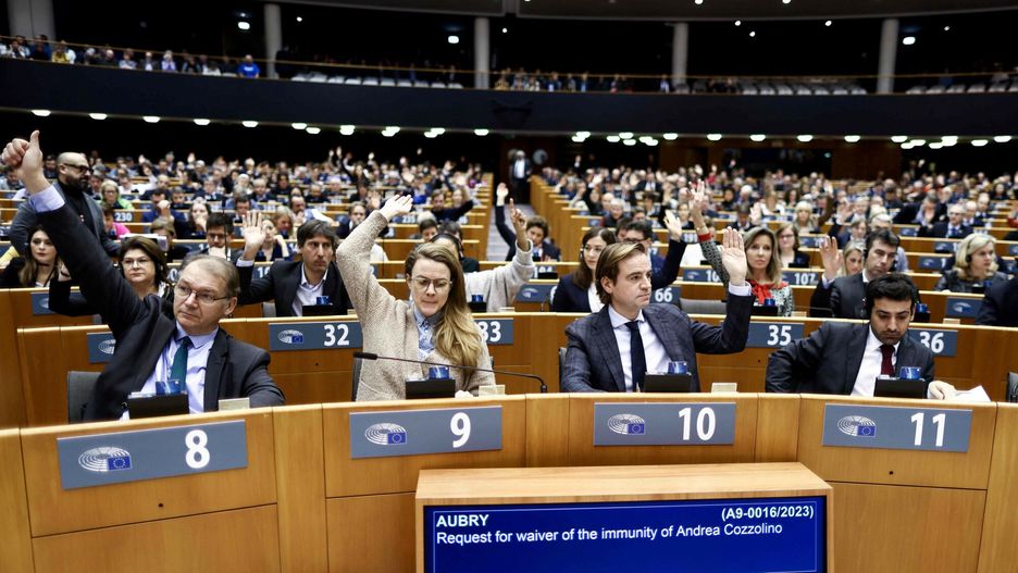 Temporary
Euro-deputies vote a request for waiver of the immunity of MEPs Marc Tarabella of Belgium and Italian Andrea Cozzolino as part of a probe into alleged bribery by Qatar and Morocco during a session at EU Parliament in Brussels on February 2, 2023. - A key European Parliament committee on January 31 unanimously backed lifting the immunity of the two lawmakers implicated in a corruption scandal that has rocked the EU. (Photo by Kenzo TRIBOUILLARD / AFP)
KENZO TRIBOUILLARD
