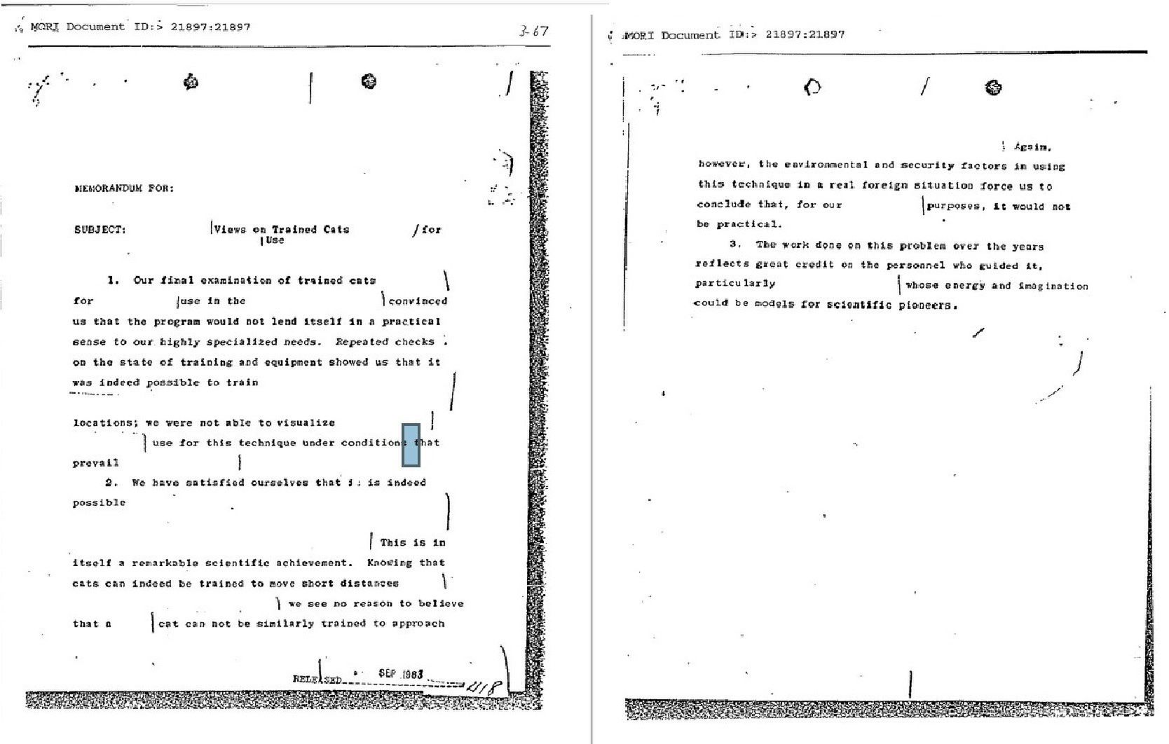 Zredagowane memorandum CIA w sprawie operacji "Acoustic Kitty"