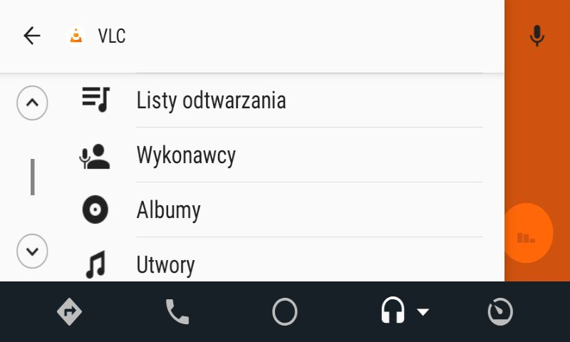 Menu główne VLC w Android Auto (wersja 3.1 Beta RC4).