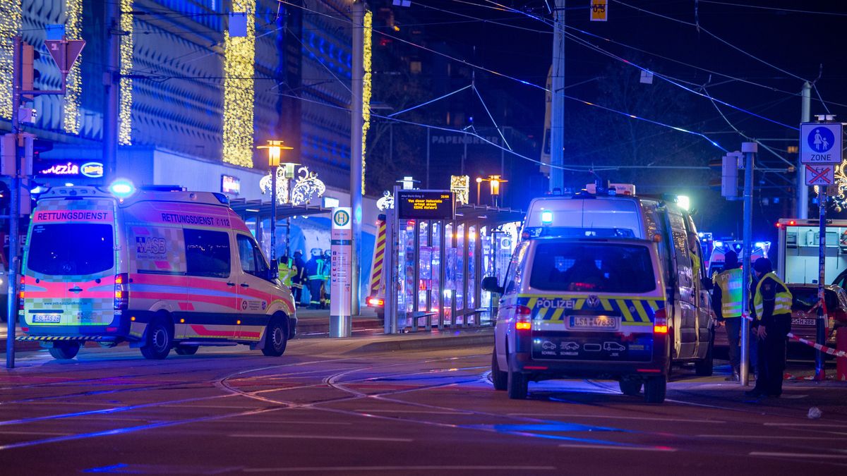 MAGDEBURG, GERMANY - DECEMBER 20: Police vans and ambulances stand next to the annual Christmas market in the city center following a possible terror incident on December 20, 2024 in Magdeburg, Germany. According to initial reports at least one person is dead and dozens injured after a car drove into the crowded Christmas market. Police reportedly arrested the driver. (Photo by Craig Stennett/Getty Images)