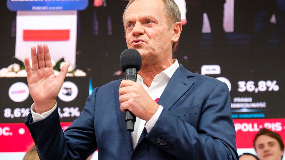 Donald Tusk, former president of the European Union (EU) and leader of the Civic Coalition, speaks during an election night rally at the party headquarters in Warsaw, Poland, on Sunday, Oct. 15, 2023. Poland's opposition is on track for a majority in Sunday's election, an exit poll showed, an upset that would deny the ruling nationalists a third term and steer the country back into the European mainstream. Photographer: Damian Lemanski/Bloomberg via Getty Images