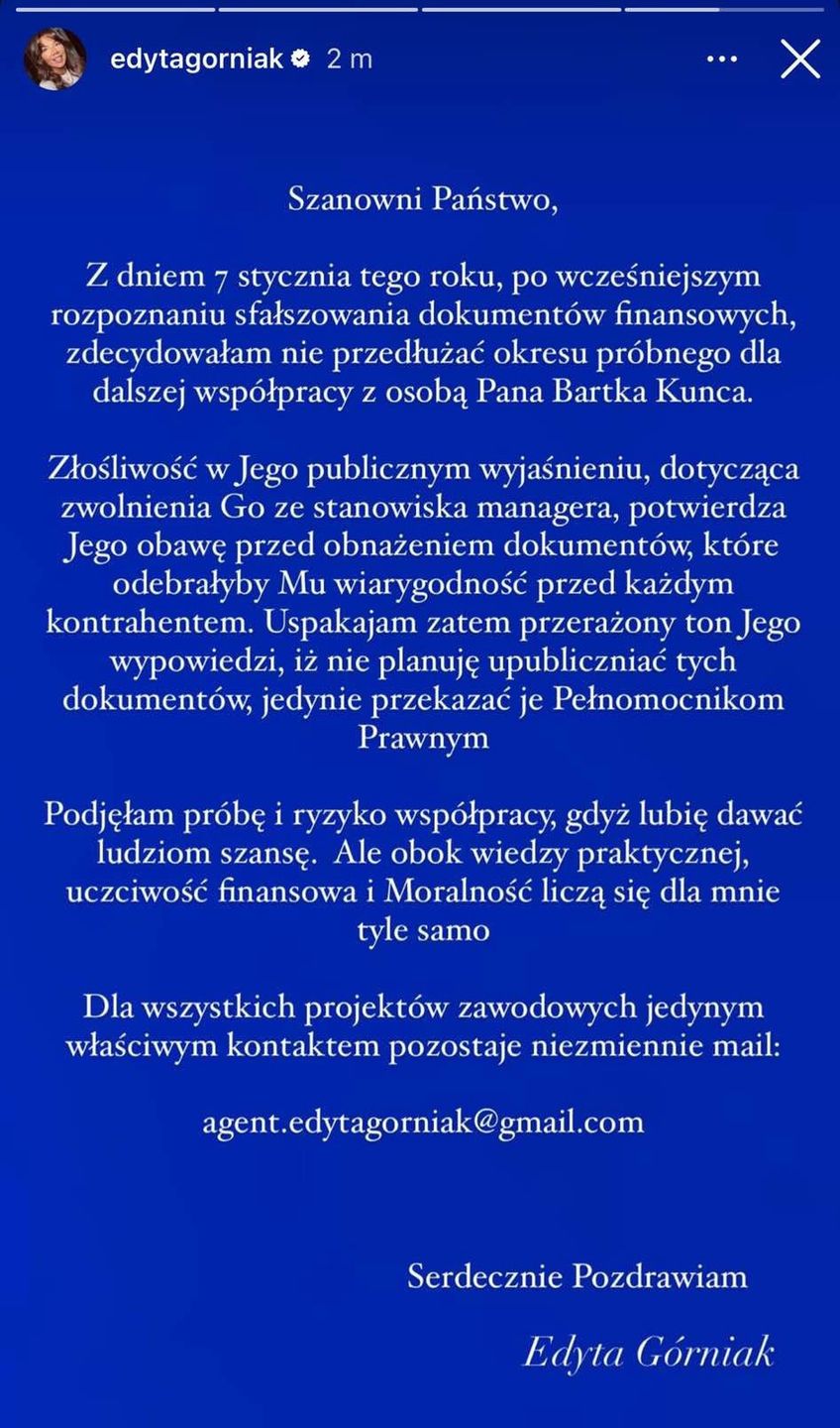 Oświadczenie Edyty Górniak o zerwaniu umowy z managmentem