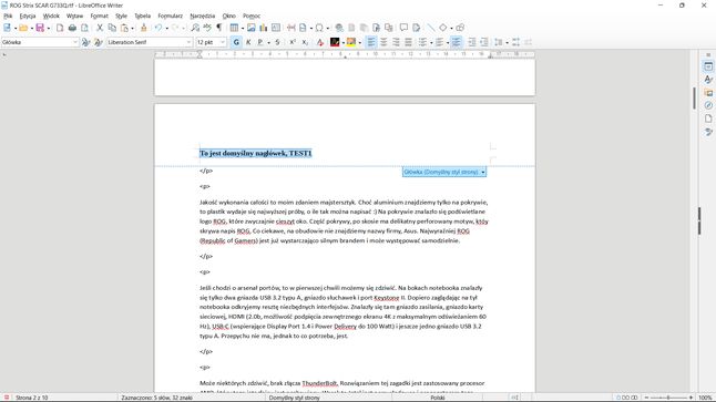 LibreOffice Writer: nagłówek dodany