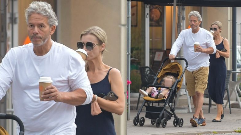 Joanna Krupa z kawą i smartfonem w ręce oprowadza męża i córeczkę po Warszawie