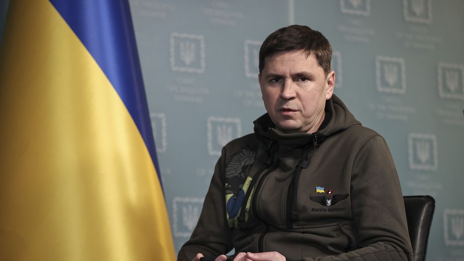 KYIV, UKRAINE - MARCH 09: Head of the Ukraine president's office, Mikhail Podolyak speaks during an interview on Russia-Ukraine crisis and negotiations between Kyiv and Moscow in Kyiv, Ukraine on March 09, 2022. (Photo by Emin Sansar/Anadolu Agency via Getty Images)