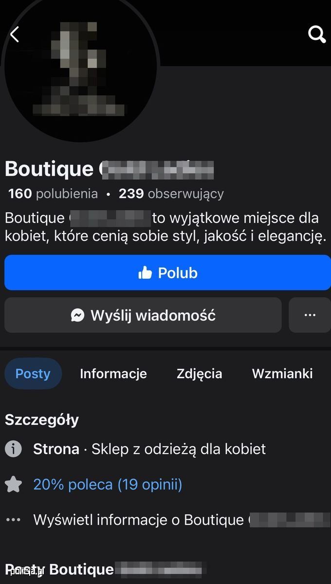 Konto fałszywego butiku w mediach społecznościowych