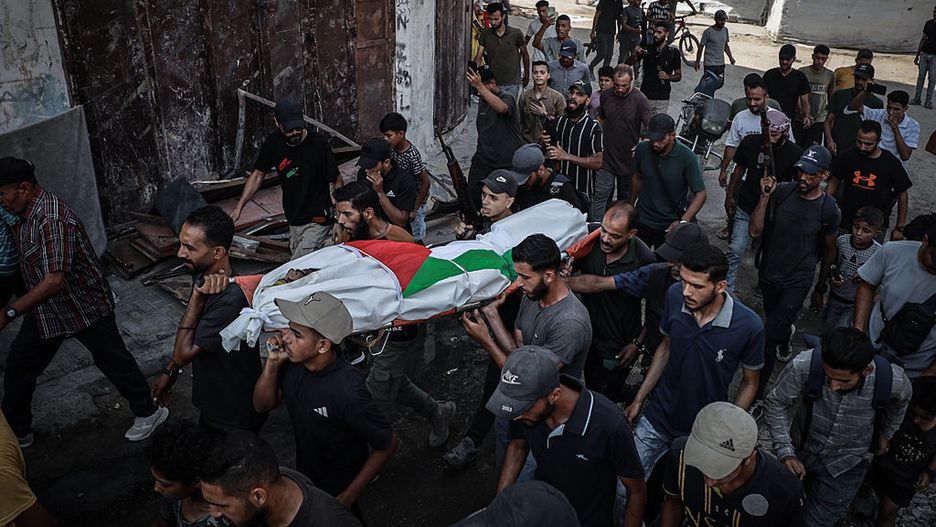 Funeral of five Palestinians killed on Gaza aid route
GAZA CITY, GAZA  JULY 29: Relatives attend the funeral of five members of the same family who were killed in an Israeli airstrike while securing humanitarian aid near the Al-Sudaniyya area, at Al-Shifa Hospital in Gaza City, Gaza on July 29, 2025. (Photo by Khames Alrefi/Anadolu via Getty Images)
Anadolu
family funeral, sudaniyya, gaza, civilian deaths, aid line, israeli strike, war crime, conflict in gaza