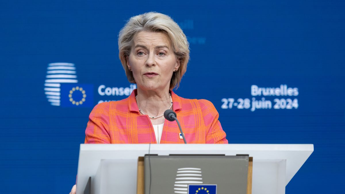 President of the European Commission Ursula von der Leyen talks during a joint press conference with the President of the European Council Charles Michel and the Prime Minister of Belgium Alexander De Croo after the end of the European Council Summit, a meeting of the EU leaders. The summit was about the bloc signing a security agreement with Ukraine and held discussions on further military support while the Presidnet of Ukraine was earlier at the Council, discussed bloc's defence, future strategic agenta, Middle East, security while the EU heads of states agreed on the top official nominations for the blocs key power roles. Brussels, Belgium on June 28, 2024 (Photo by Nicolas Economou/NurPhoto via Getty Images)