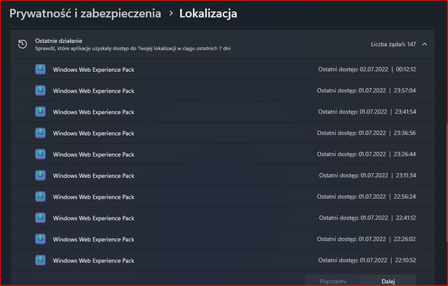 Historia wykorzystania uprawnienia Lokalizacja