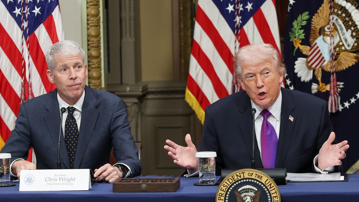 WASHINGTON, DC - MARCH 04: U.S. President Donald Trump (R) speaks as U.S. Energy Secretary Chris Wright looks on during a roundtable meeting on the administration's "ratepayer protection pledge" in the Indian Treaty Room at the White House on March 04, 2026 in Washington, DC. The pledge is a policy designed to shift rising energy costs from artificial intelligence data centers away from consumers. (Photo by Win McNamee/Getty Images)