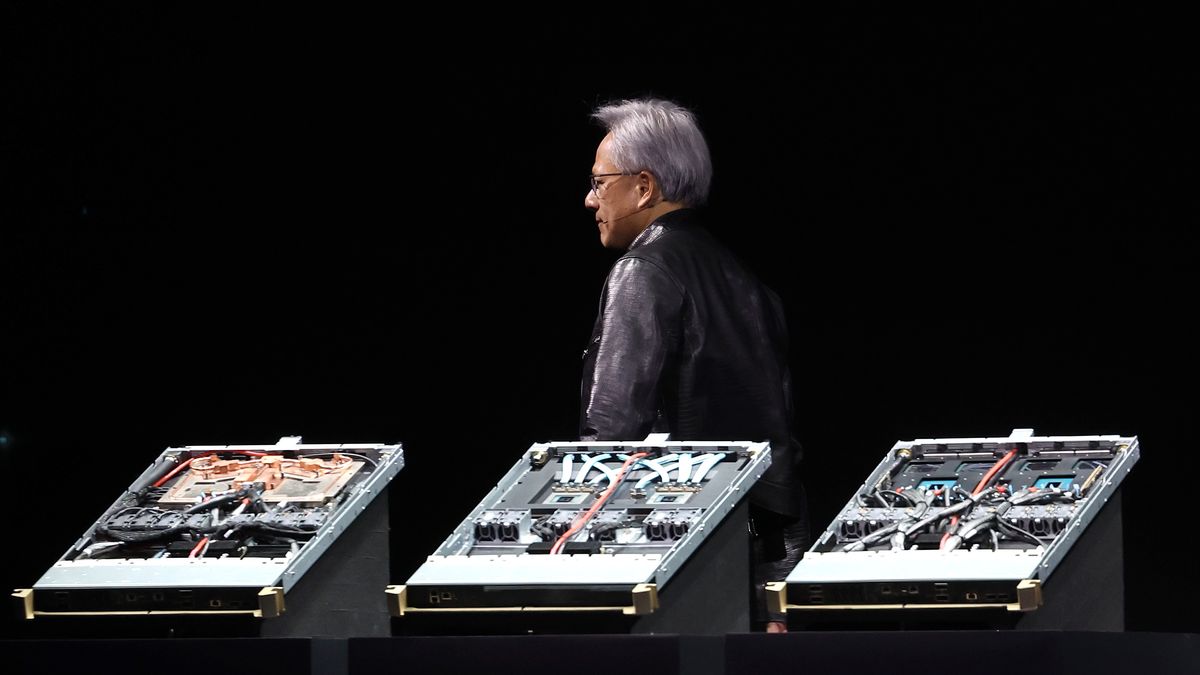 SAN JOSE, CALIFORNIA - MARCH 18: Nvidia CEO Jensen Huang delivers a keynote address during the Nvidia GTC Artificial Intelligence Conference at SAP Center on March 18, 2024 in San Jose, California. The developer conference is expected to highlight new chip, software, and AI processor technology.  (Photo by Justin Sullivan/Getty Images)
