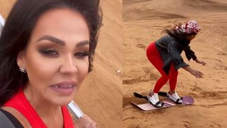Sylwia Bomba desperacko ociepla wizerunek i żartuje sama z siebie, surfując po piachu... Zabawne?