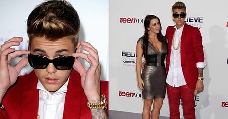 Bieber w czerwonym garniturze na premierze filmu... o sobie! (ZDJĘCIA)