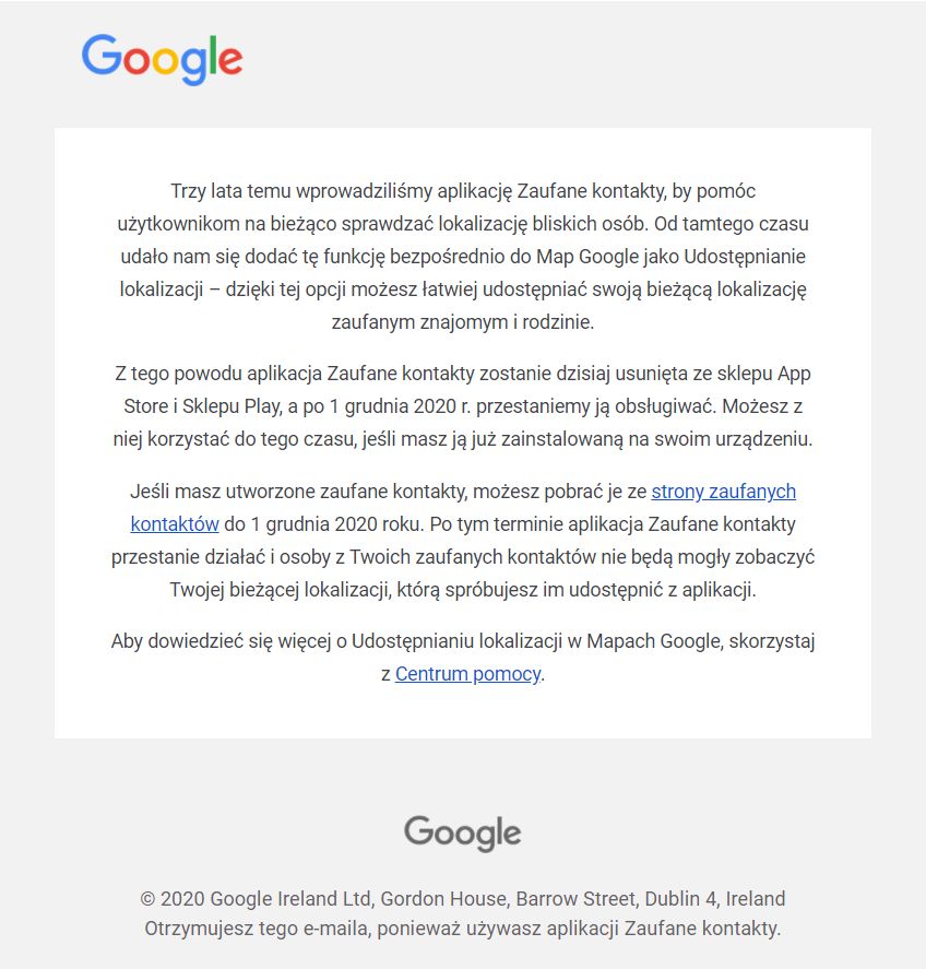Google informuje, że Zaufane kontakty znikną ze sklepów z aplikacjami. Źródło: Google, fot. Oskar Ziomek.