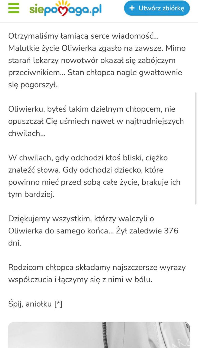 Fundacja żegna Oliwiera i informuje o kwocie zebranej w wyniku zbiórki