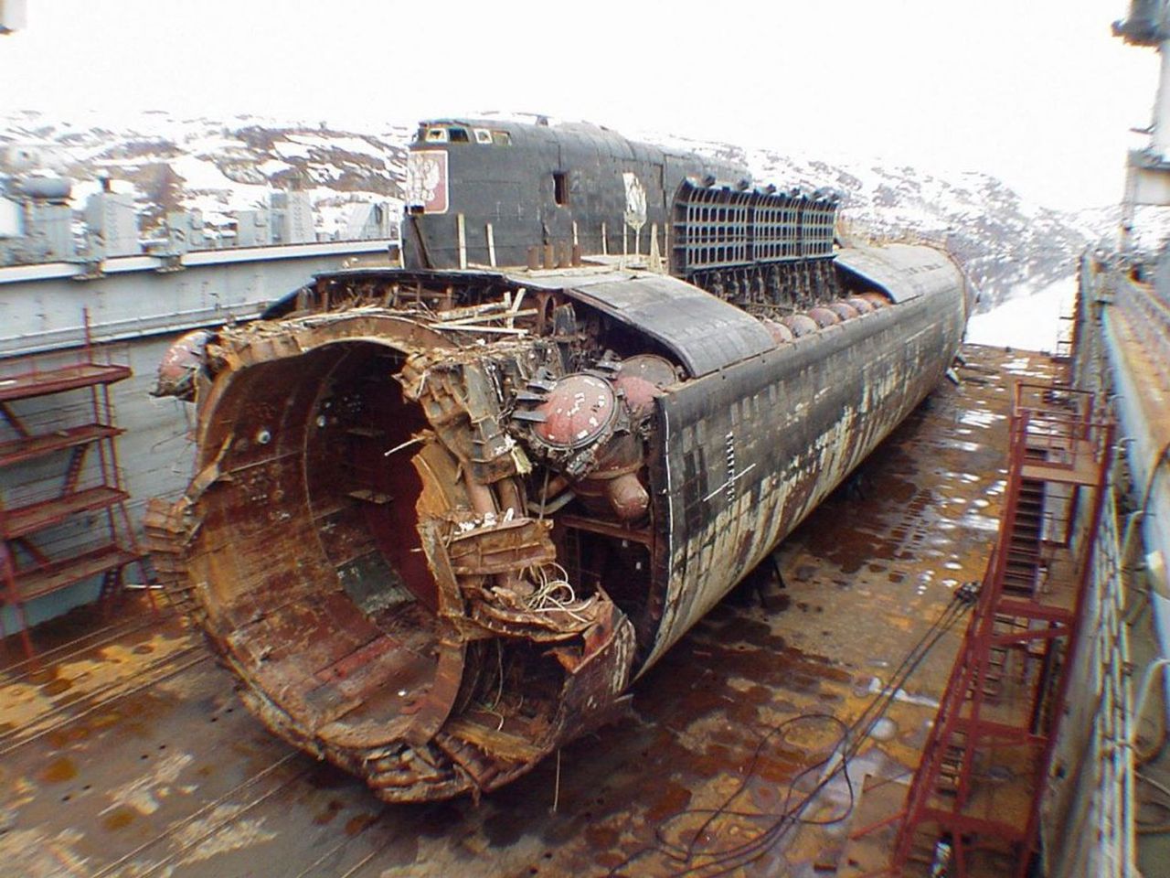 The hull of the submarine K-141 Kursk, retrieved from the seabed, damaged