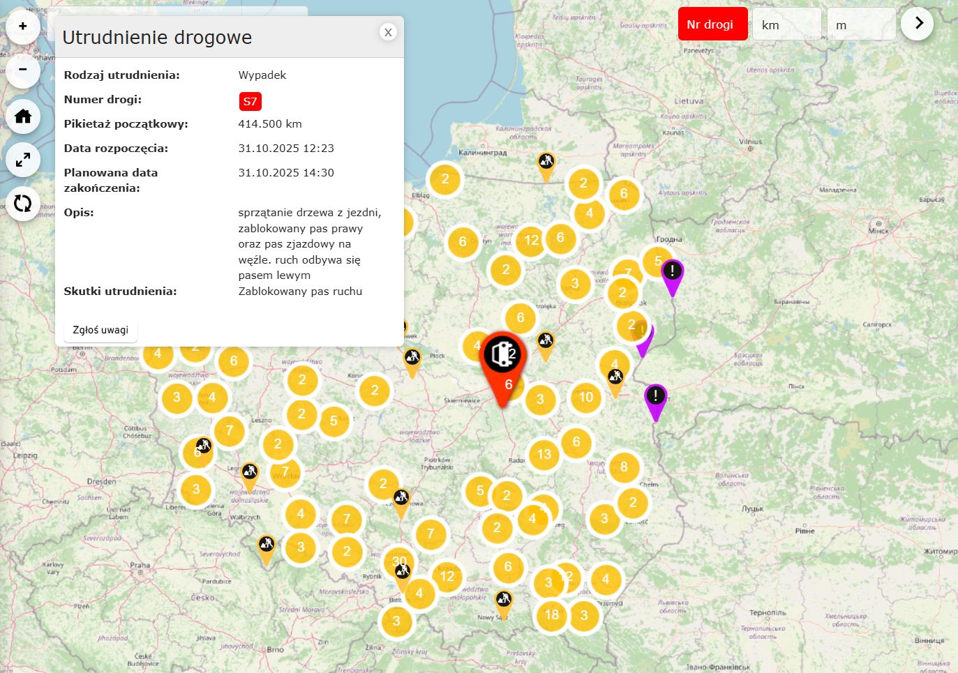 Przykładowy incydent oznaczony na mapie