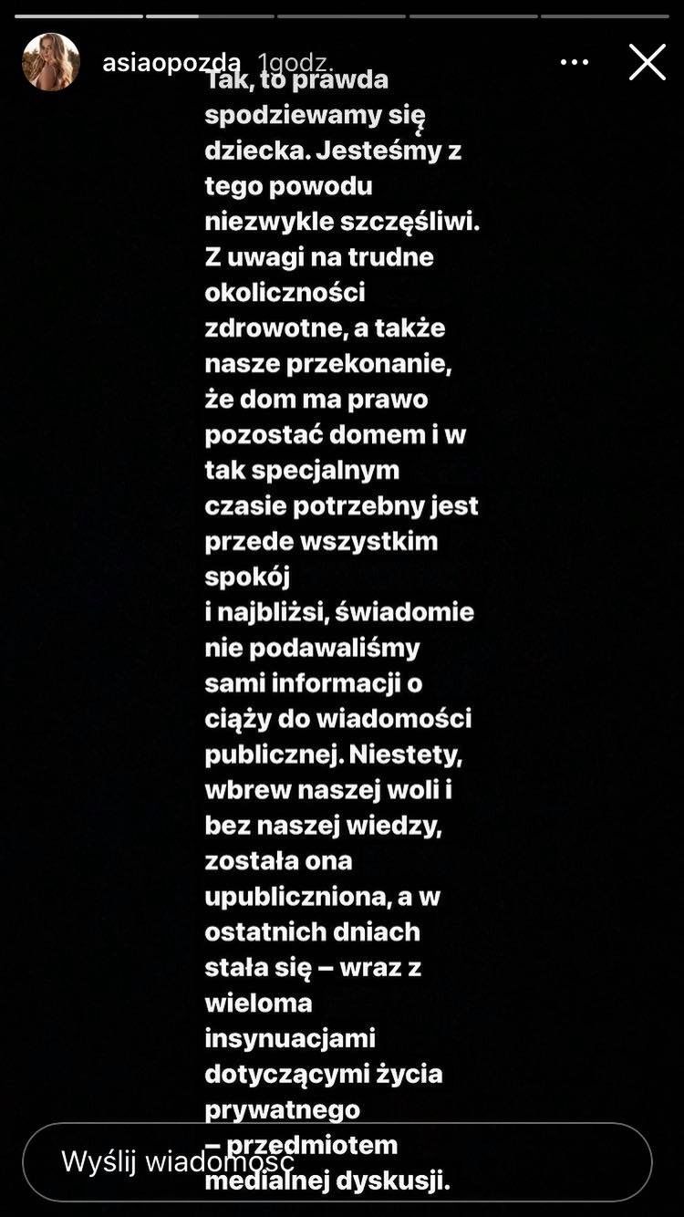 Joanna Opozda poinformowała, że wraz z Antkiem Królikowskim spodziewają się dziecka