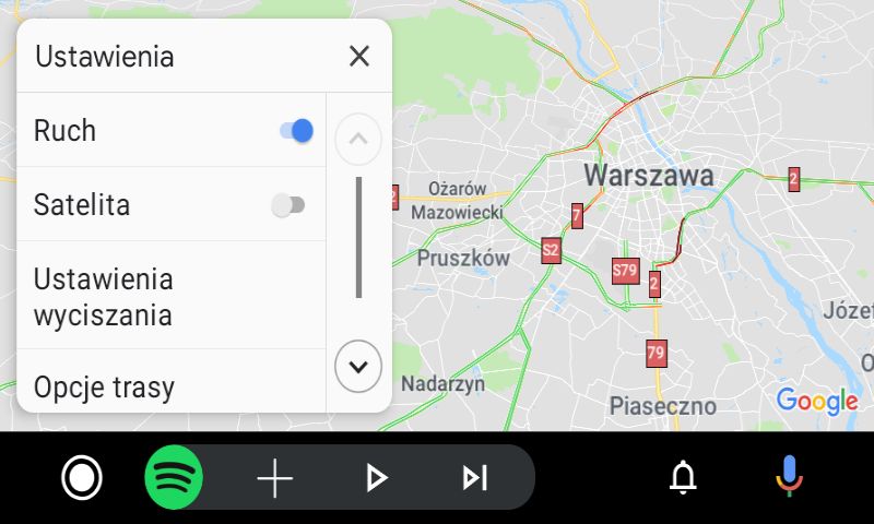 Ustawienia Map Google w Androidzie Auto w samochodzie są uboższe.
