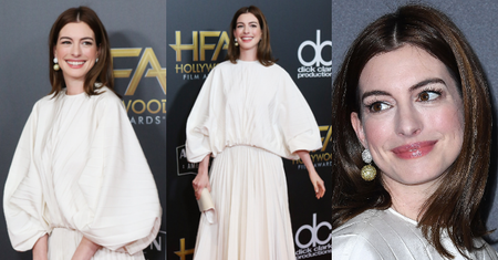 Zadowolona z siebie Anne Hathaway pozuje w firance marki Valentino
