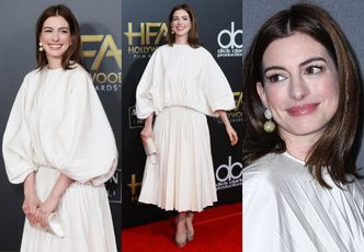 Zadowolona z siebie Anne Hathaway pozuje w firance marki Valentino