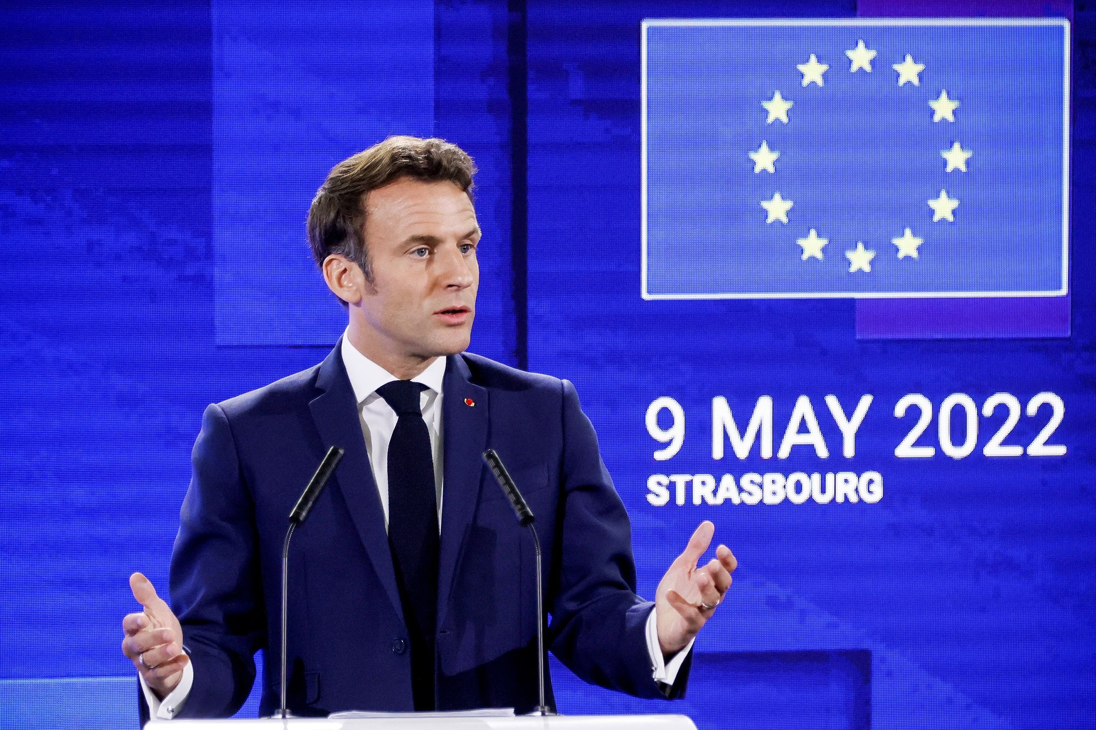 French President Emmanuel Macron delivers a speech during the closing event of the Conference on the Future of Europe at the European Parliament in Strasbourg, France, 09 May 2022. EPA/RONALD WITTEK Dostawca: PAP/EPA.