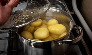 Dodaj łyżkę tłuszczu do gotowania ziemniaków. Będę gotowe szybciej