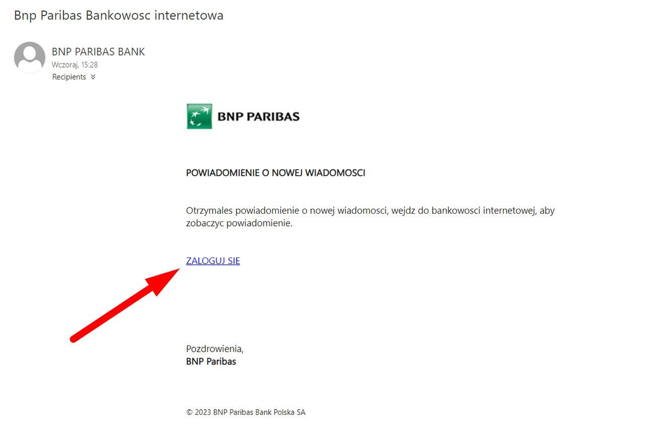 Fałszywy link w spreparowanej wiadomości "od BNP Paribas"