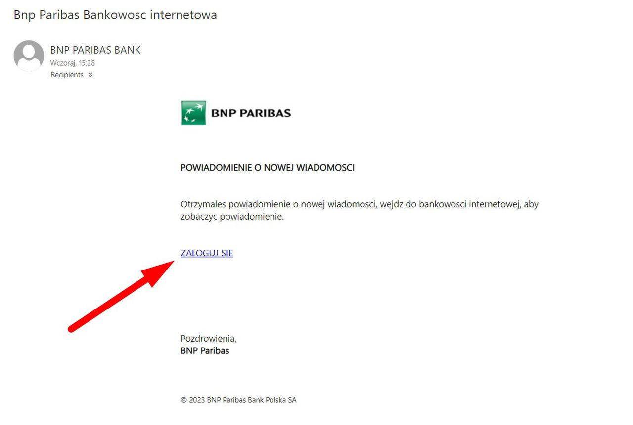 Fałszywy link w spreparowanej wiadomości "od BNP Paribas"