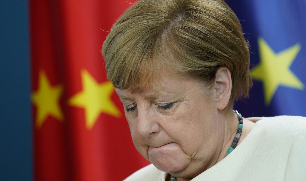 BERLIN, GERMANY - SEPTEMBER 14: German Chancellor Angela Merkel, along with European Commission President Ursula von der Leyen and President of the European Council Charles Michel, who were both tuning in via video link from Brussels, speaks to the media following a video linked meeting with Chinese President Xi Jinping during the coronavirus pandemic on September 14, 2020 in Berlin, Germany. Xi is reportedly seeking to stabilize China's relation with the EU amidst fraying relations between China and the U.S. (Photo by Sean Gallup/Getty Images)