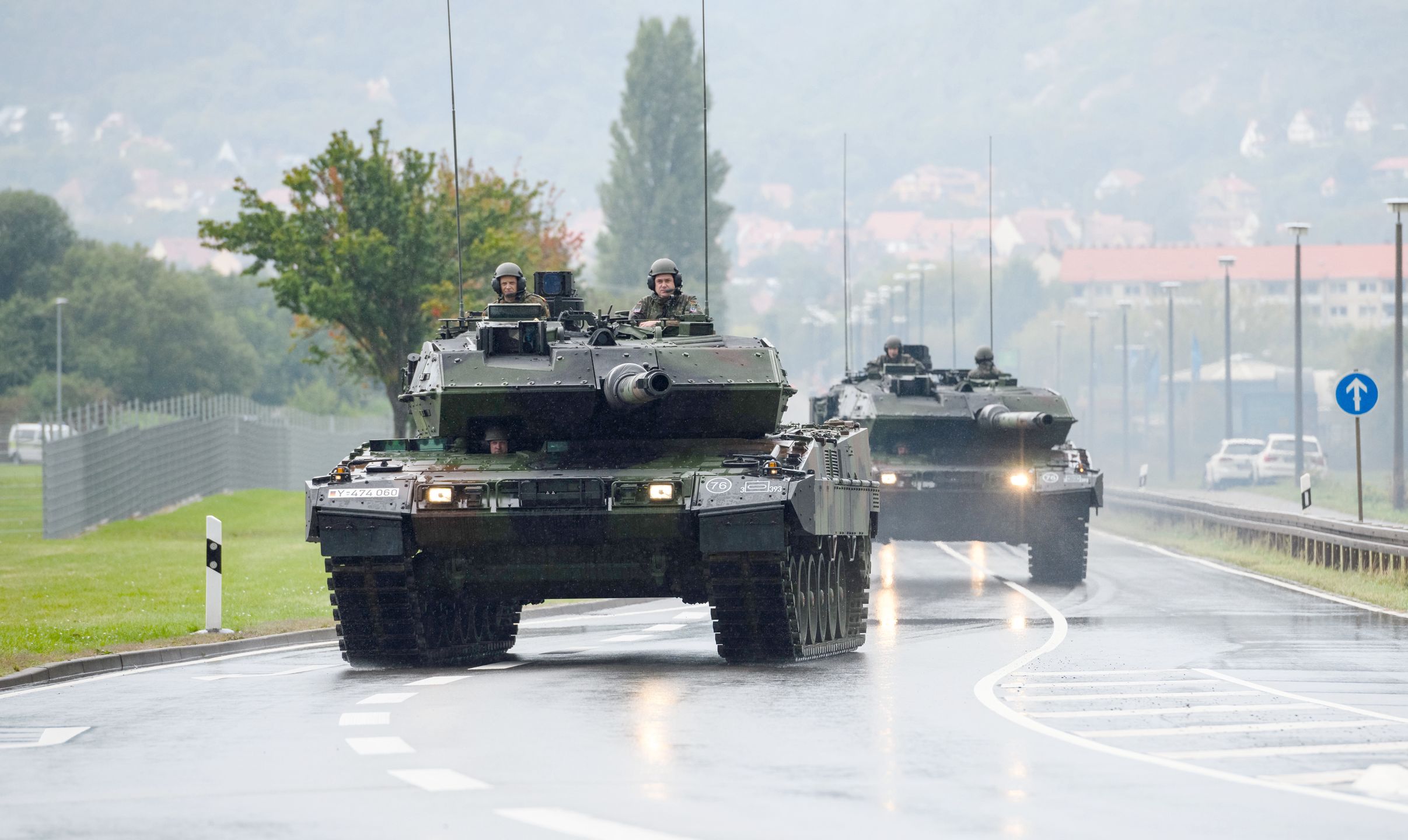 Bundeswehr Receives First Leopard 2 A7V Battle TanksBAD FRANKENHAUSEN, GERMANY - SEPTEMBER 15: Two Leopard 2 A7V battle tanks prior an event to mark the reception of the first units of the new tank on September 15, 2021 in Bad Frankenhausen, Germany. Panzerbataillon 393 is part of NATO's Very High Readiness Joint Task Force (VJTF). (Photo by Jens Schlueter/Getty Images)Jens Schlueter
