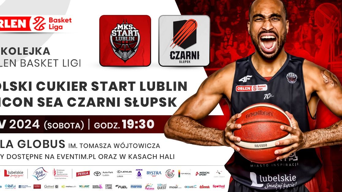 grafika promująca mecz Polski Cukier Start Lublin - Icon Sea Czarni Słupsk