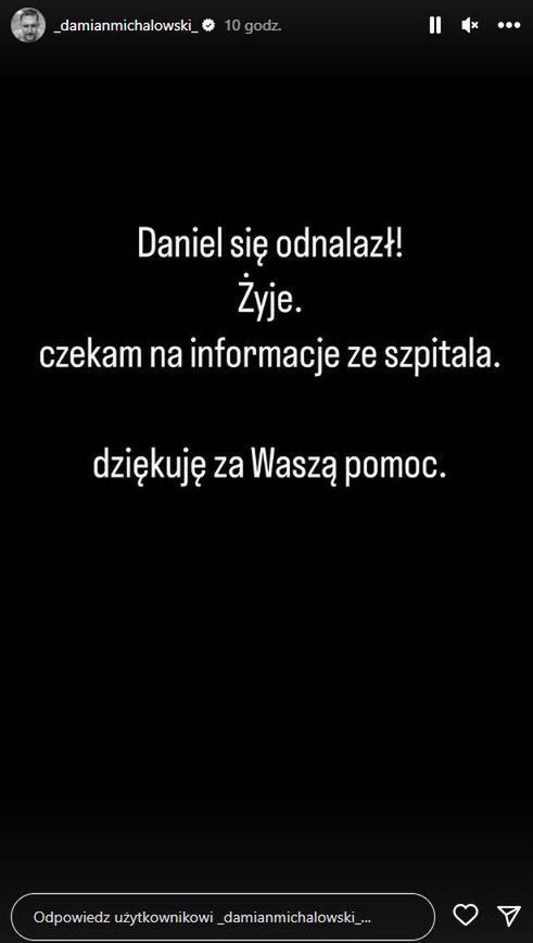 Informacja o odnalezieniu Daniela Adamskiego