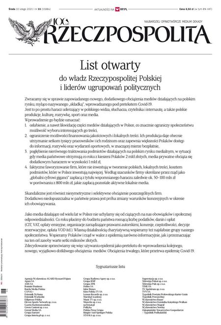 List otwarty mediów do władz RP. Okładka Rzeczpospolitej