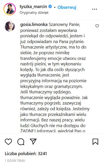 Marcin Tyszka doczekał się odpowiedzi na swój post o tłumaczeniu migowym 