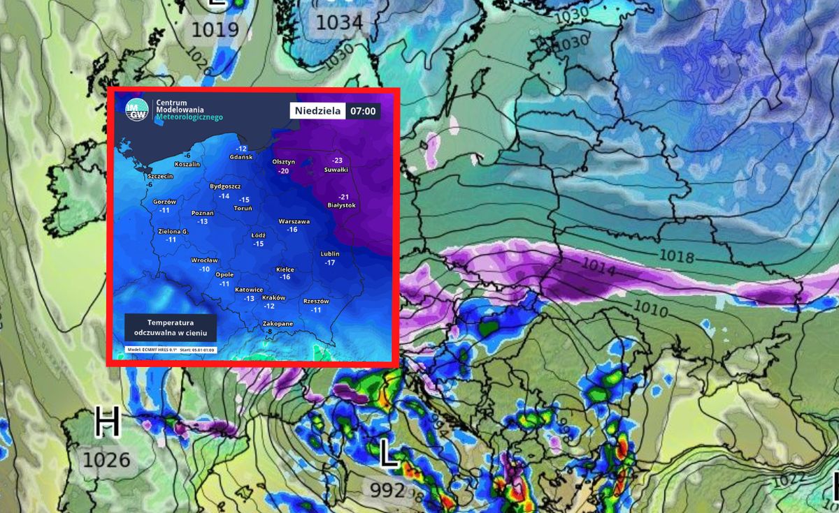 Prognoza pogody w niedzielę rano. Temperatury i opady śniegu (na większej mapie)