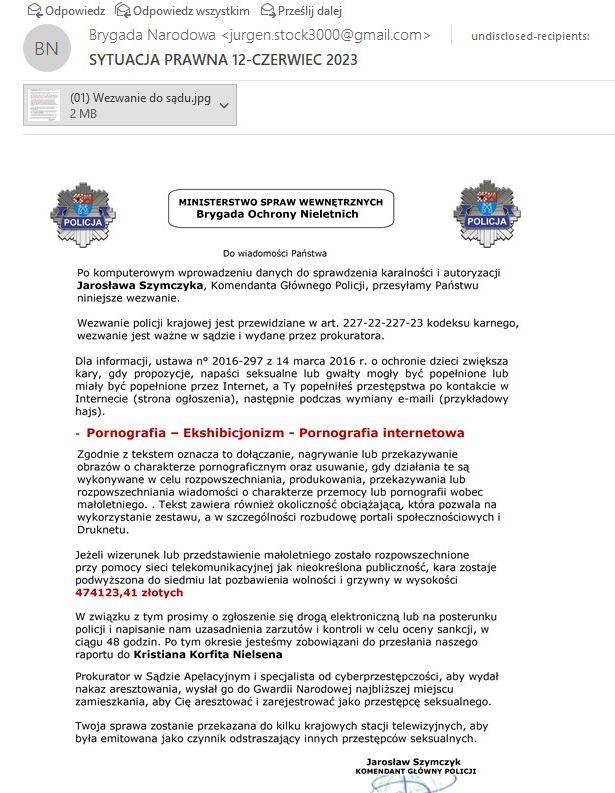 Fałszywy e-mail od "Brygady Ochrony Nieletnich"