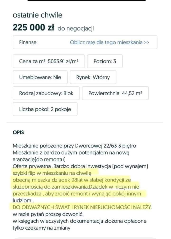 Kontrowersyjne ogłoszenie dot. sprzedaży mieszkania przy ul. Dworcowej w Olsztynie