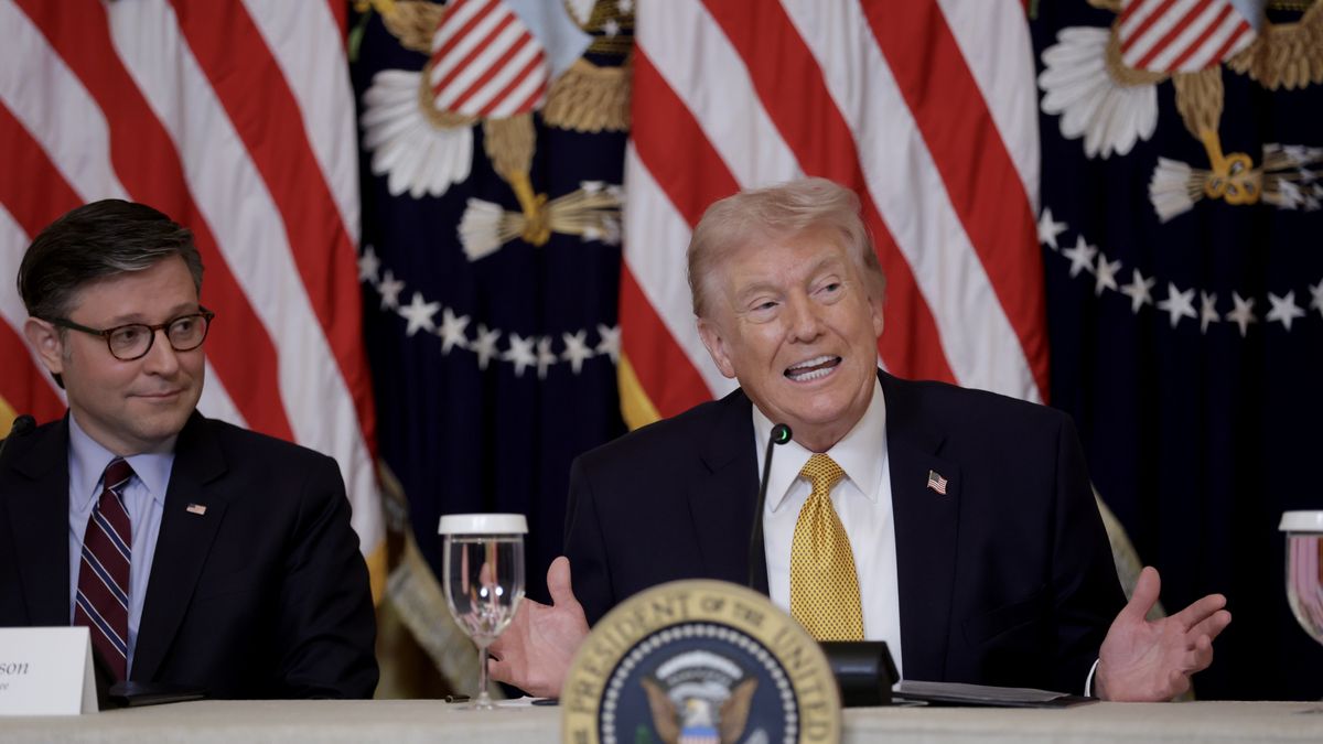 WASHINGTON, DC - MARCH 16: U.S. President Donald Trump sits with U.S. Speaker of the House Mike Johnson (R-LA) as he speaks during a lunch with the Trump Kennedy Center Board Members in the East Room of the White House on March 16, 2026 in Washington, DC. President Trump convened the board of trustees of the Trump Kennedy Center to vote on a proposal to close the institution for two years of major renovations. (Photo by Alex Wong/Getty Images)