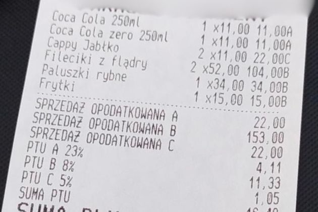 Cena obiadu, w tym frytek, w Sopocie