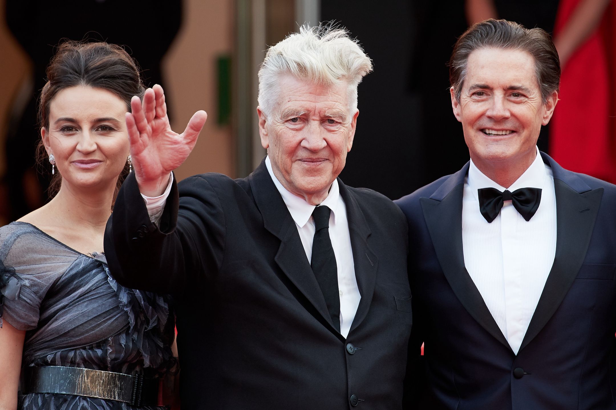Emily Stofle, David Lynch i Kyle MacLachlan na pokazie trzeciego sezonu "Twin Peaks" na Festiwalu w Cannes w 2017 r.