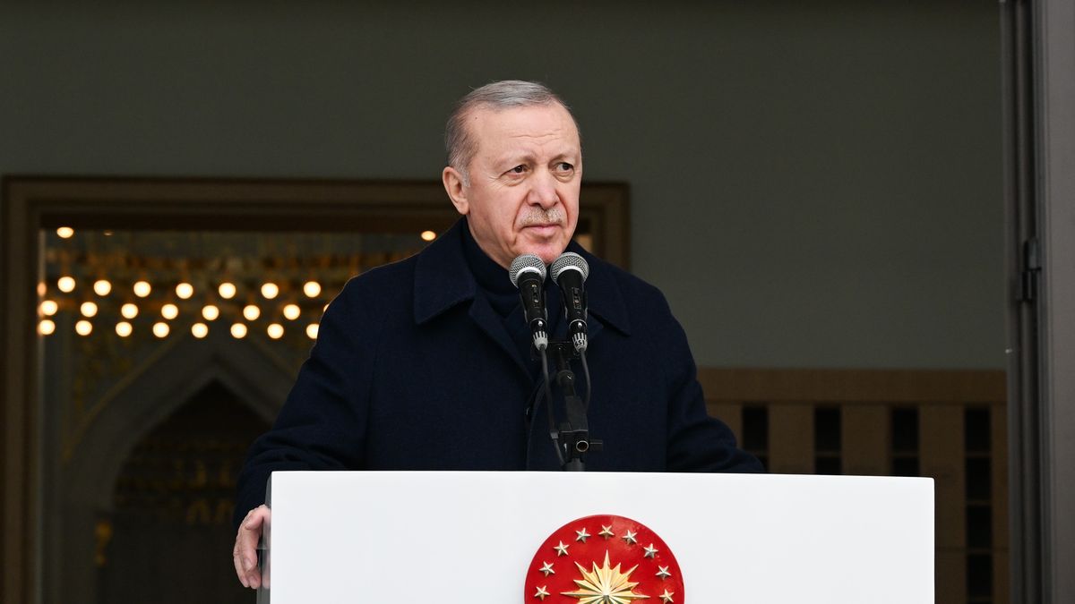 ANKARA, TURKIYE - MARCH 17: Turkish President Recep Tayyip Erdogan attends the opening of Haci Ibrahim Demir Mosque in Ahlatlibel neighborhood in Ankara, Turkiye on March 17, 2026. (Photo by Dogukan Keskinkilic/Anadolu via Getty Images)