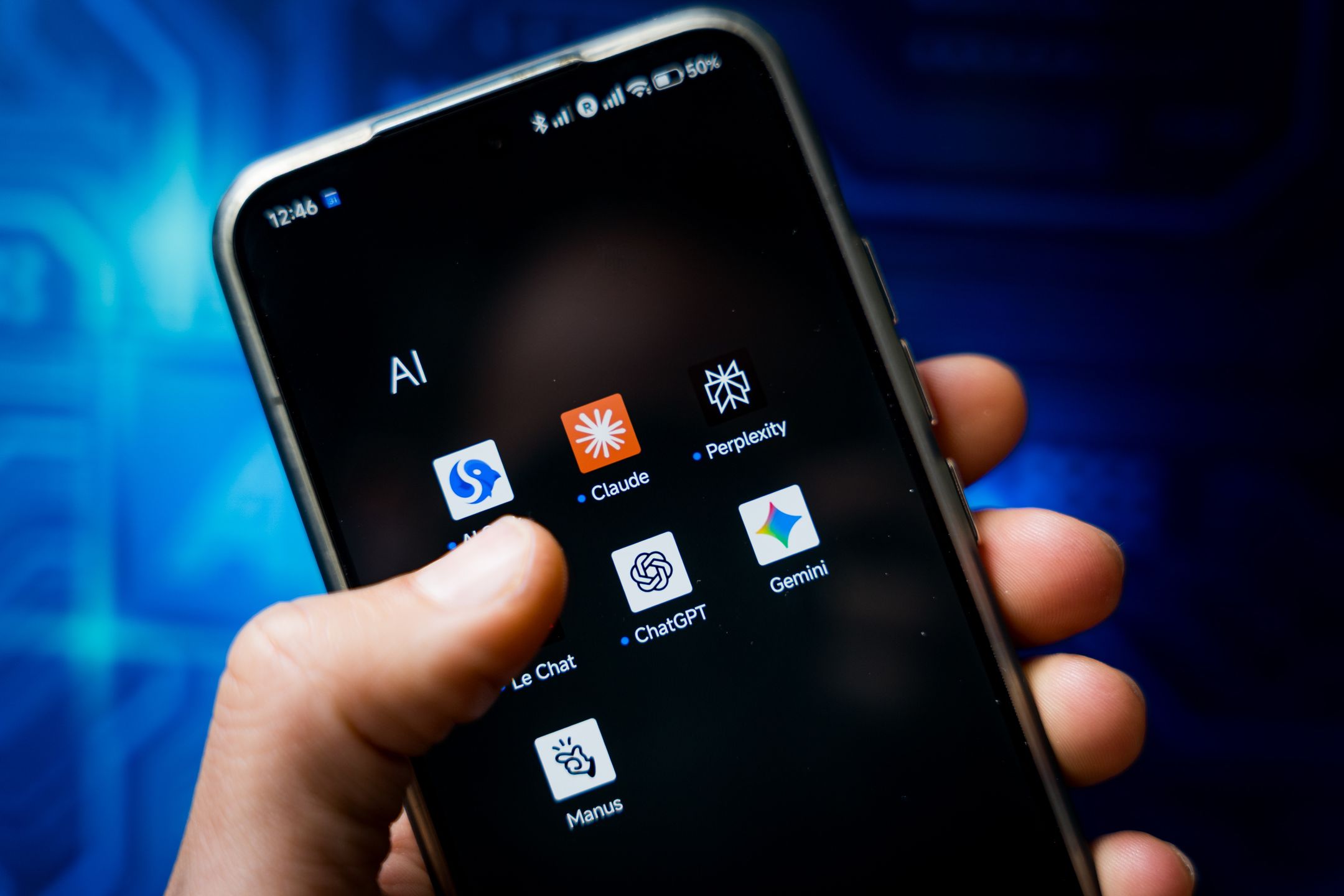 SPAIN - 2026/02/04: In this photo illustration, the apps of various AI chatbots, including AI Seek, Perplexity, Claude, Chat GPT, Gemini, Manus and Mistral, seen displayed on a smartphone. Spanish Prime Minister Pedro Sánchez, announced on the 3 February a law to ban access to social media for children under 16, as Spain joins five other European countries in the "Coalition of the Digital Willing" to advance coordinated and effective regulation of social media platforms and strengthen age-verification systems across Europe. (Photo Illustration by Davide Bonaldo/SOPA Images/LightRocket via Getty Images)