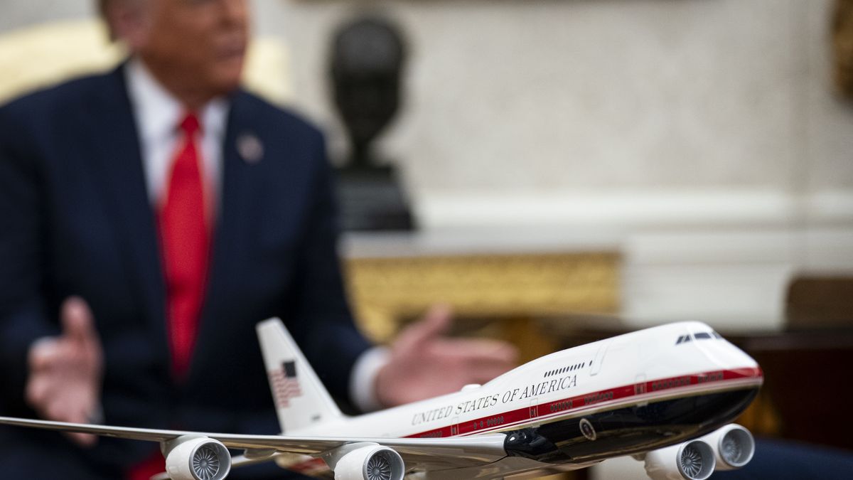 WASHINGTON, DC - APRIL 14: A proposed model of the new Boeing Air Force One, on a table during a meeting between US President Donald Trump and Nayib Bukele, El Salvador's president, in the Oval Office of the White House in Washington, DC, US, on Monday, April 14, 2025. Bukele said a Maryland man deported to his country by Trump's administration would not be returned to the US, even as the Supreme Court has called for Trump's administration to facilitate his release. (Photo by Al Drago for The Washington Post via Getty Images)